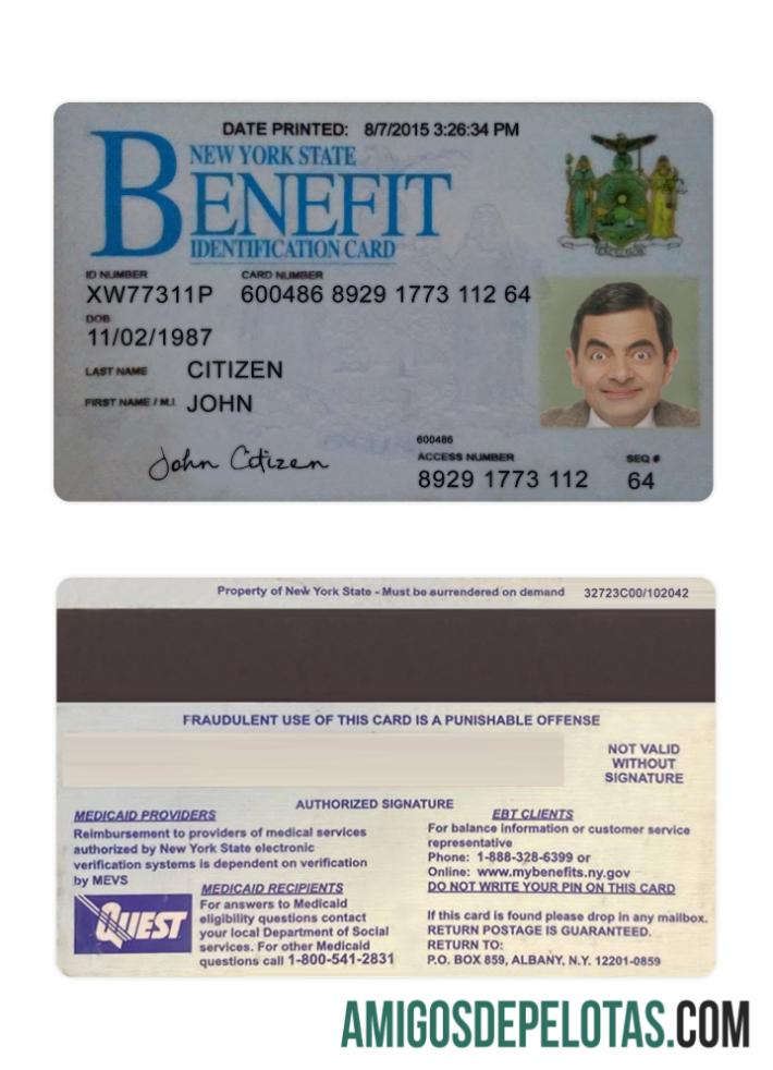 Exemplo de cartão de identificação de benefício dos EUA Nova York